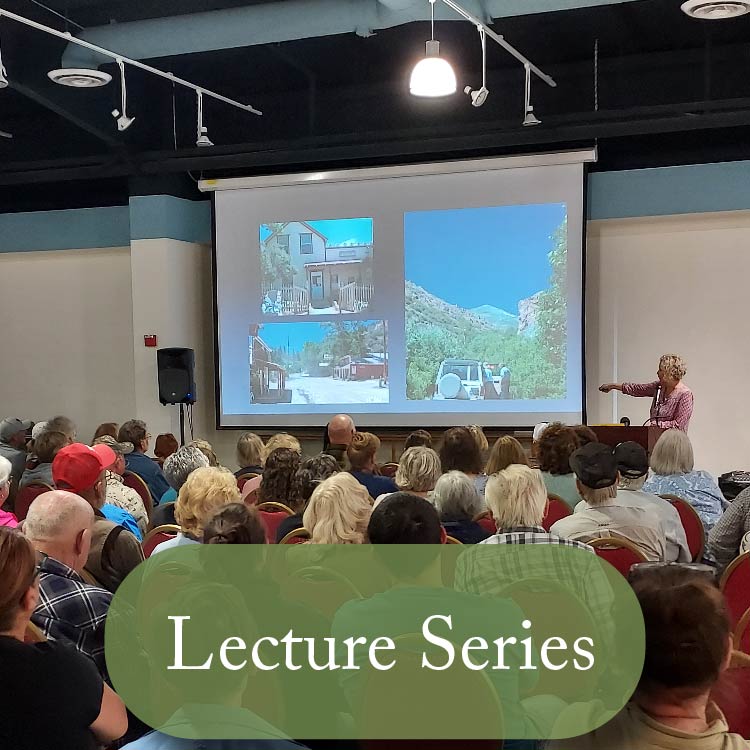 An image of a woman showing a power point presentation with several photos of structures in the sierras. Button at the bottom reads "lecture series" 