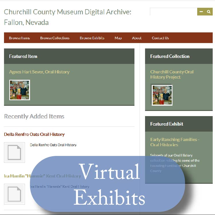 An image of a web page with text saying featured item and featured collection. Image of a blue button reading "virtual exhibits"