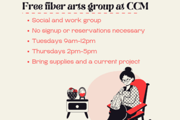 A graphic with an image of a woman in a rocker knitting. Text reads "Yarn Crew free fiber arts group at CCM. Social and work group, no signup or reservations necessary, tuesdays 9am-12pm, thursdays 2pm-5pm, bring supplies and a current project."