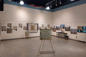 Image of a museum exhibit featuring framed photos and samples. In the center of the room sits a text panel on an easel with the title "Wildflowers"